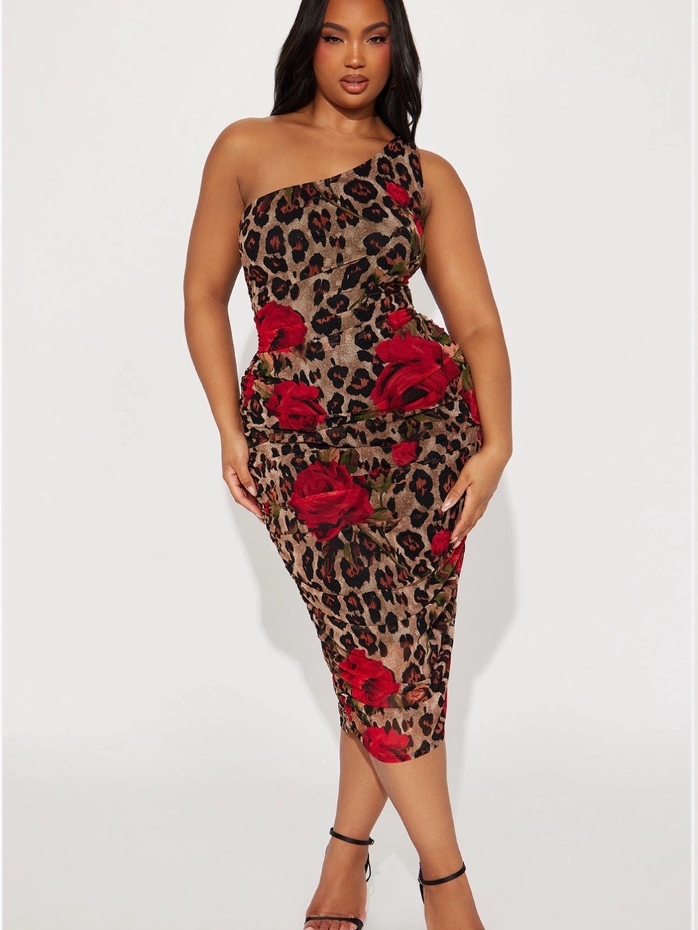 Fashion Nova Leopard Print One-Shoulder Midi Dress with Red Rose Accents
